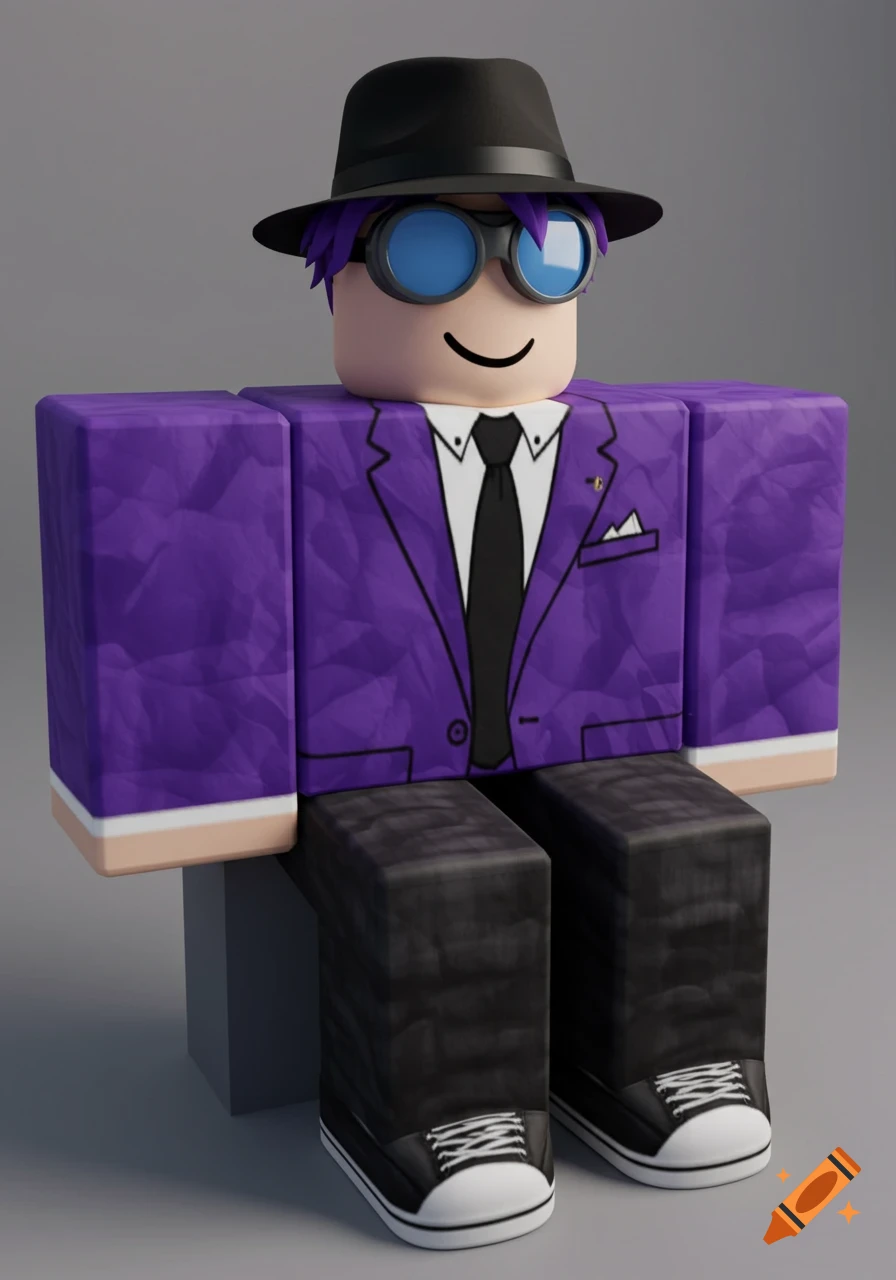 Roblox avatar wearing a purple suit, black hat, and goggles.