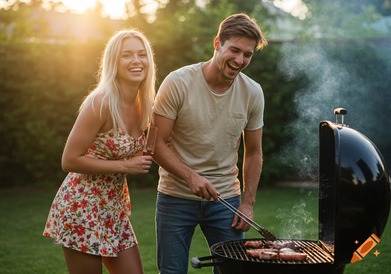A couple laughs while grilling food outdoors during sunset.