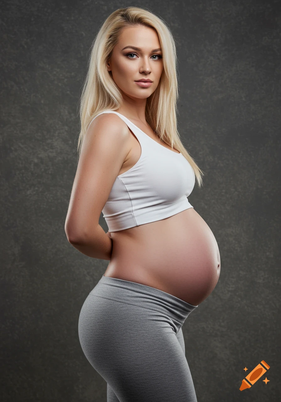 A pregnant woman in a white crop top and grey leggings poses for a portrait.