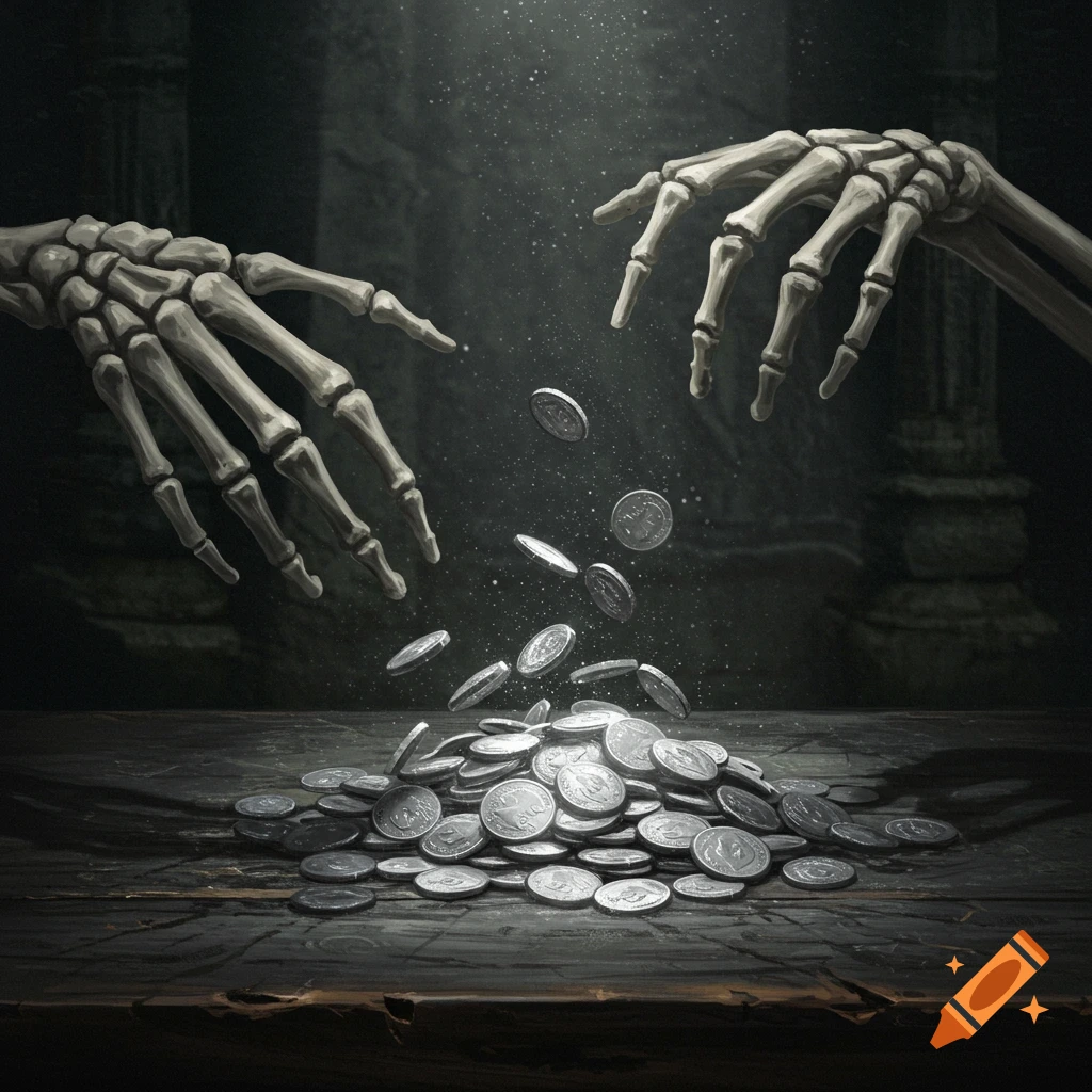 Skeletal hands drop silver coins onto a pile on a dark wooden table in a shadowy room.