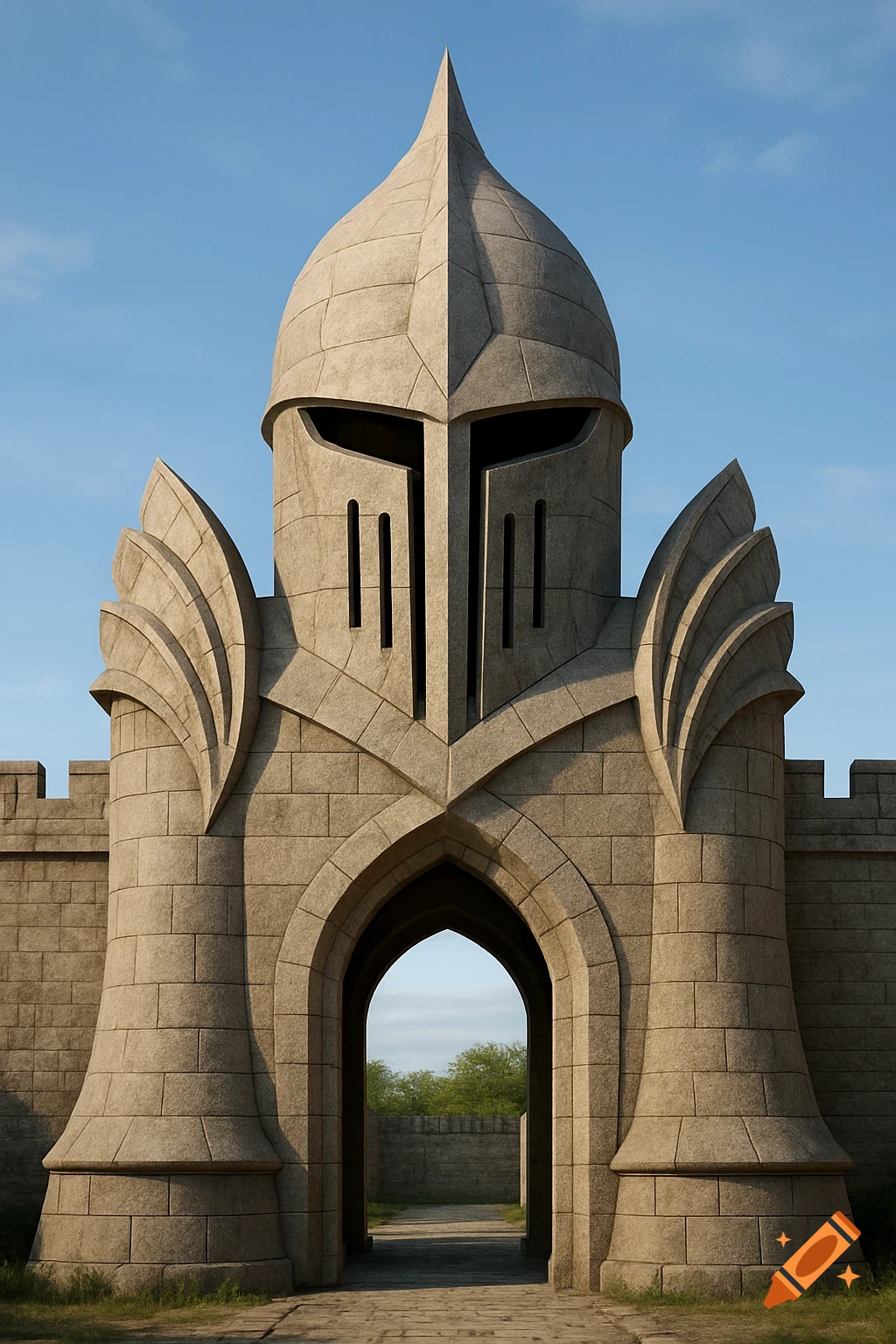 A stone gatehouse shaped like a knight's helmet in a castle wall, with a path leading through the archway.
