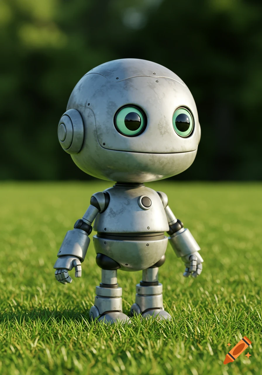 A little robot with big green eyes stands in a field of grass.