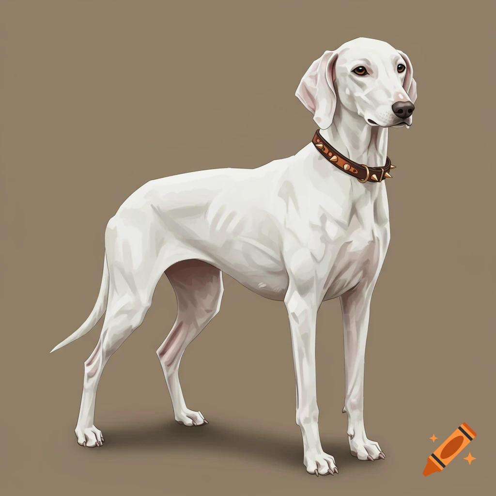 A white hound dog stands wearing a brown spiked collar.