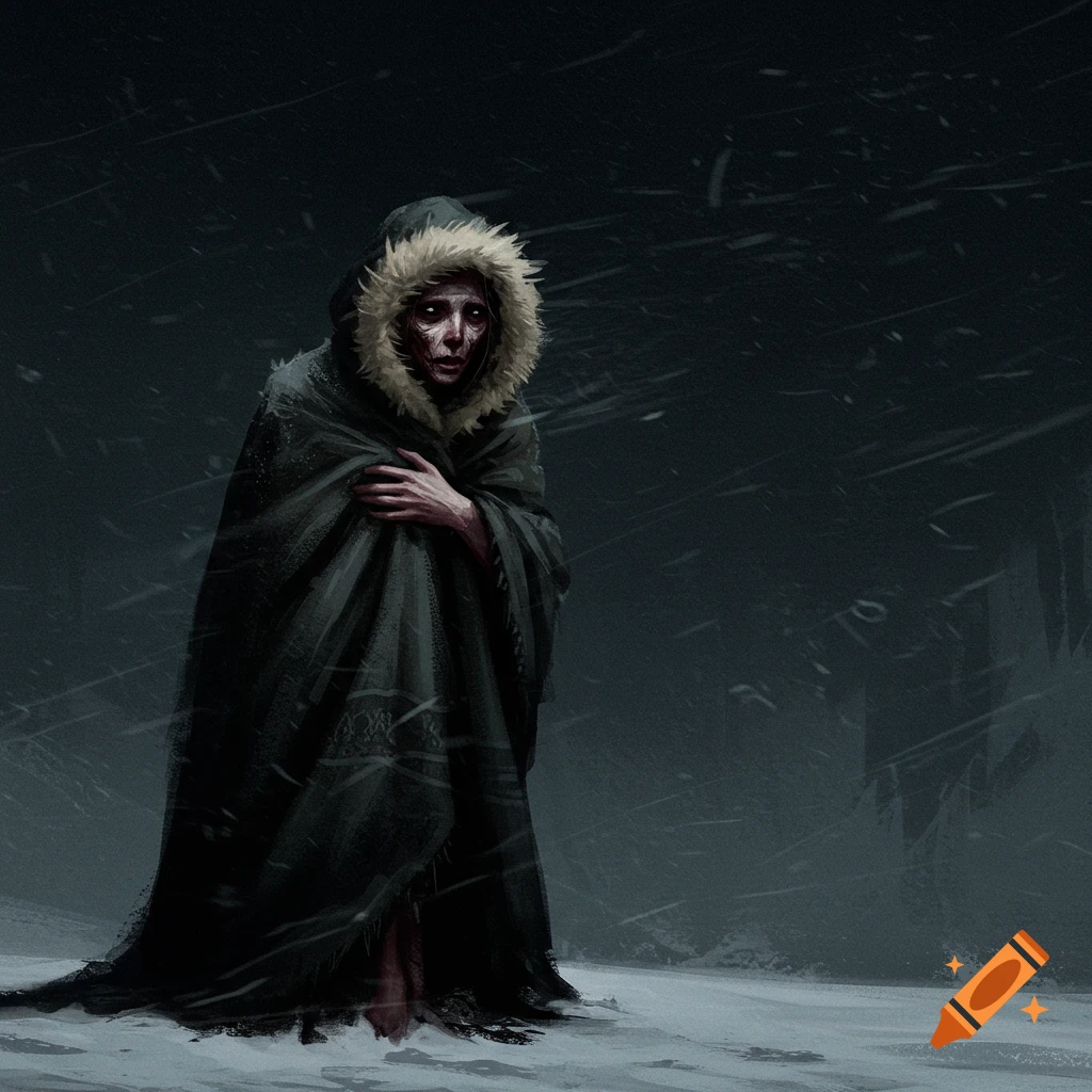 A person huddled in a blanket in a blizzard.