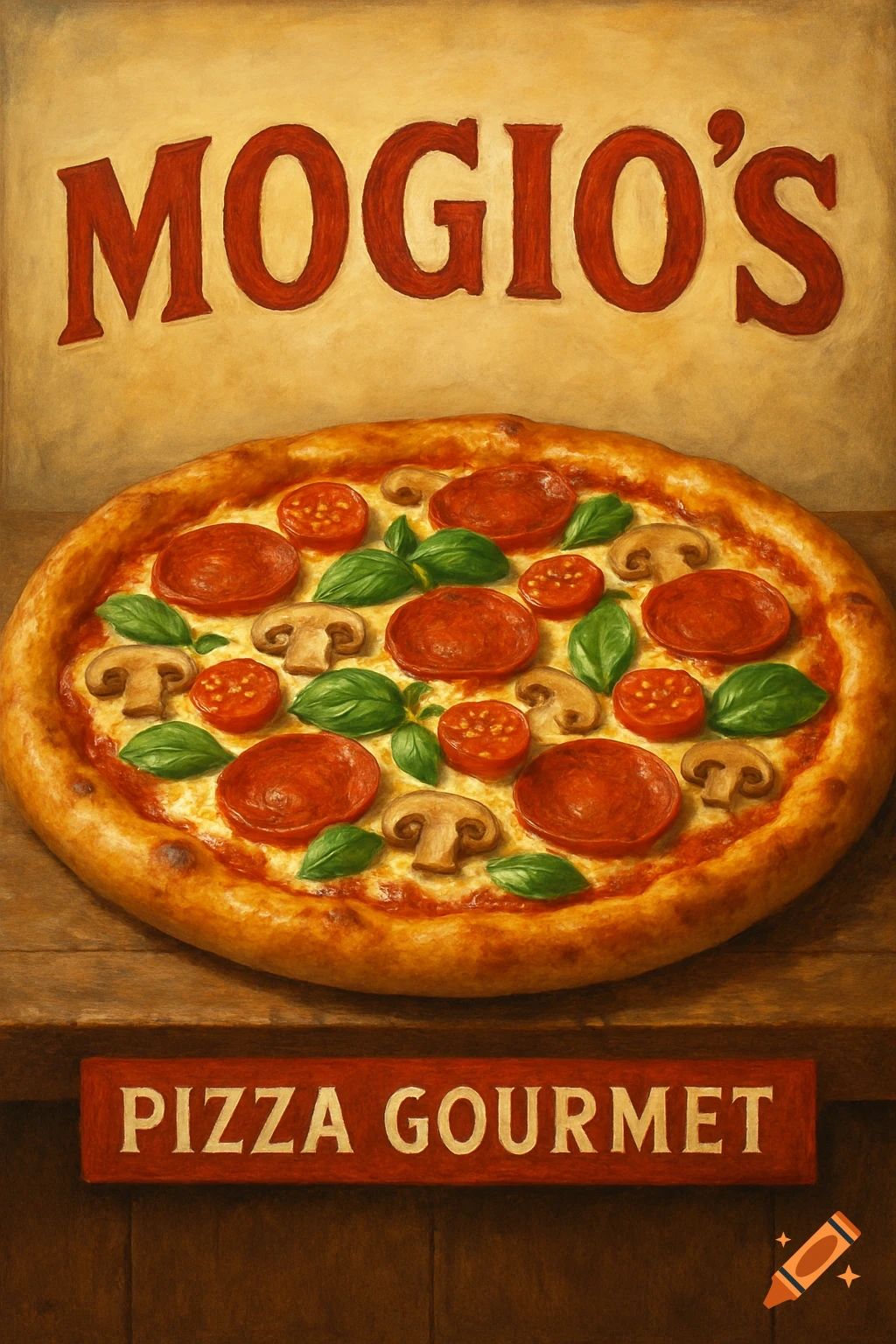 A pizza with text signs reading Mogio's Pizza Gourmet.