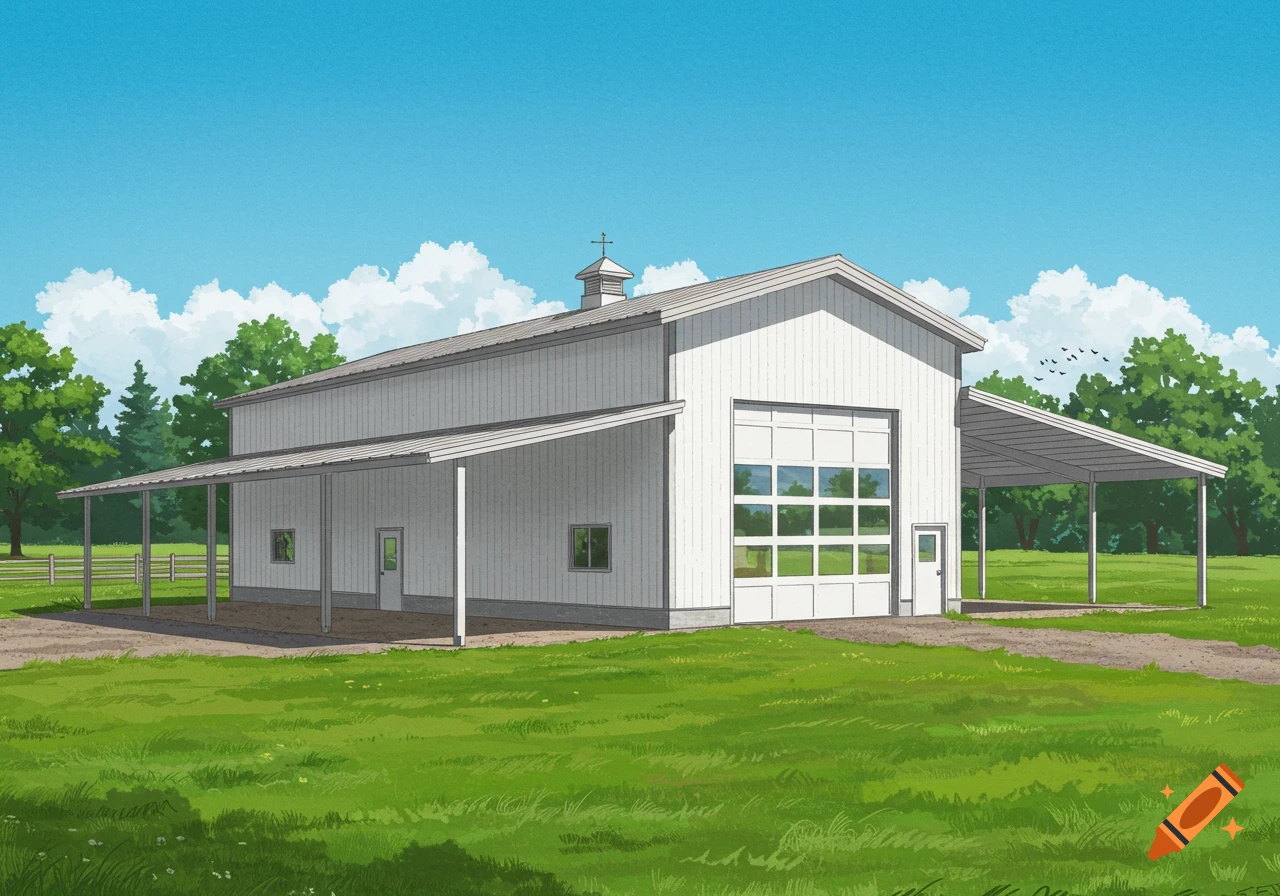 White pole barn in a grassy field