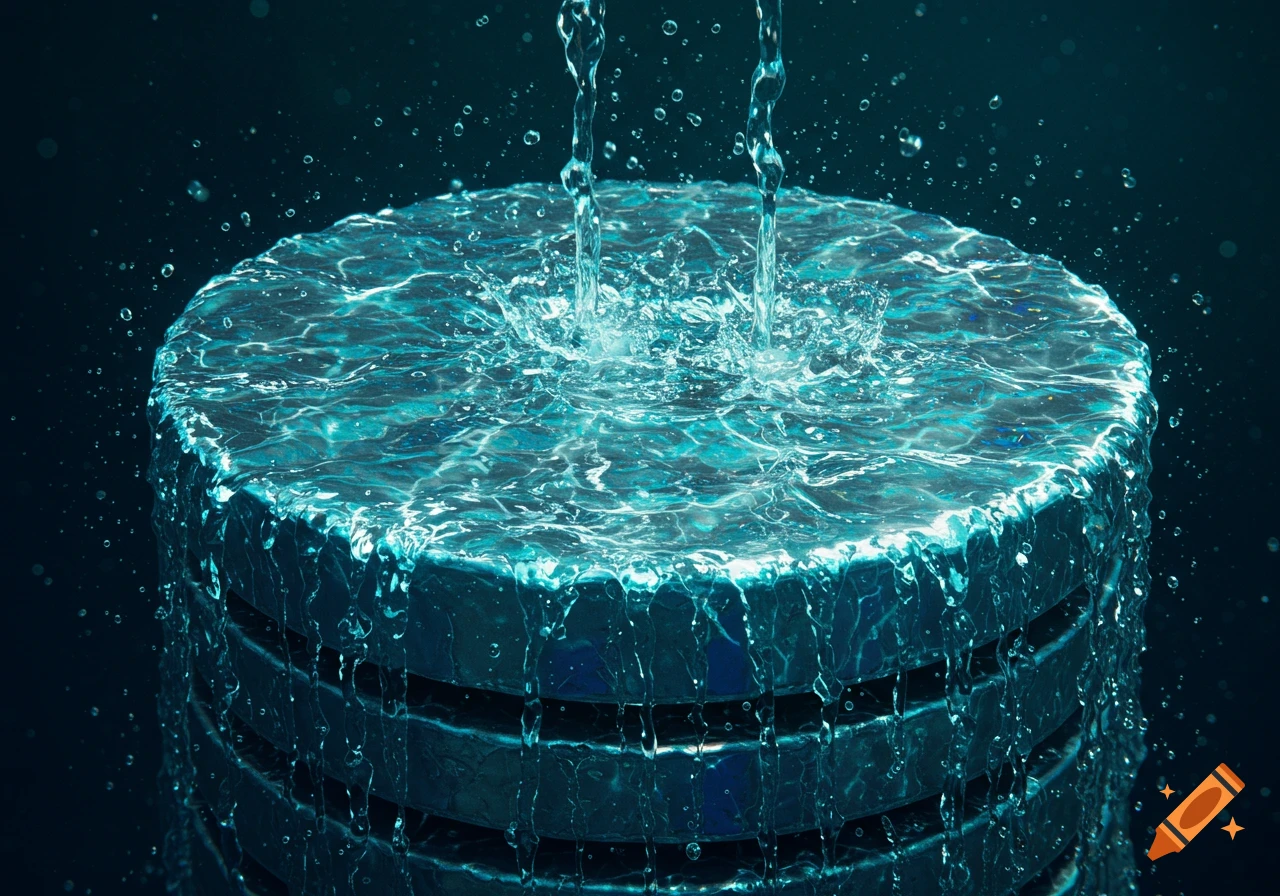 Water flows and splashes over a stack of dark metal rings