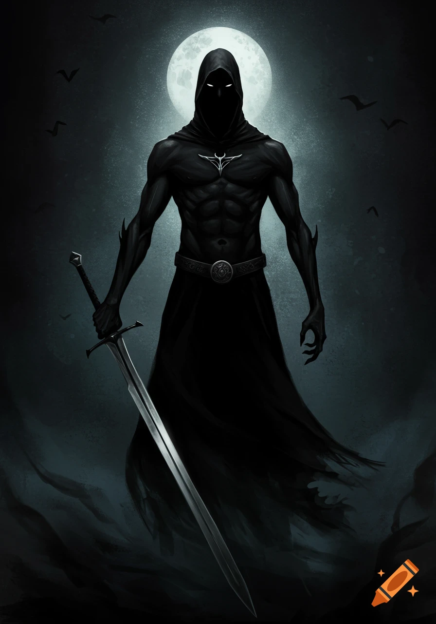 A dark hooded warrior with a sword stands under a full moon with bats.