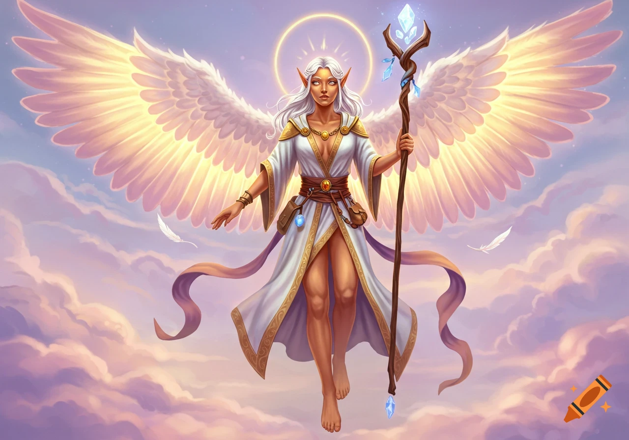 A female angel with white wings and a staff floating in clouds.