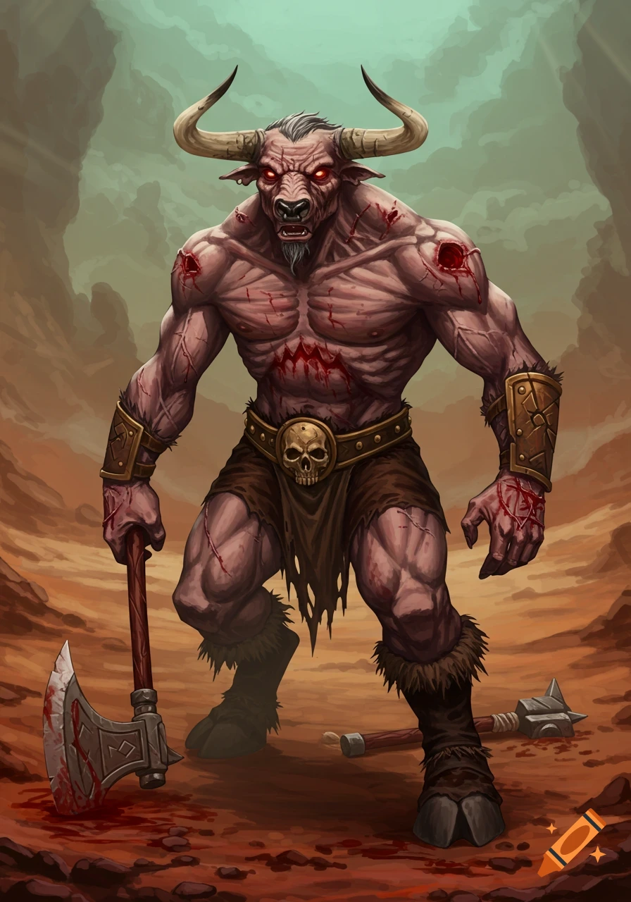 A hulking, wounded Minotaur barbarian with red eyes stands in a desolate landscape, holding a bloody axe.