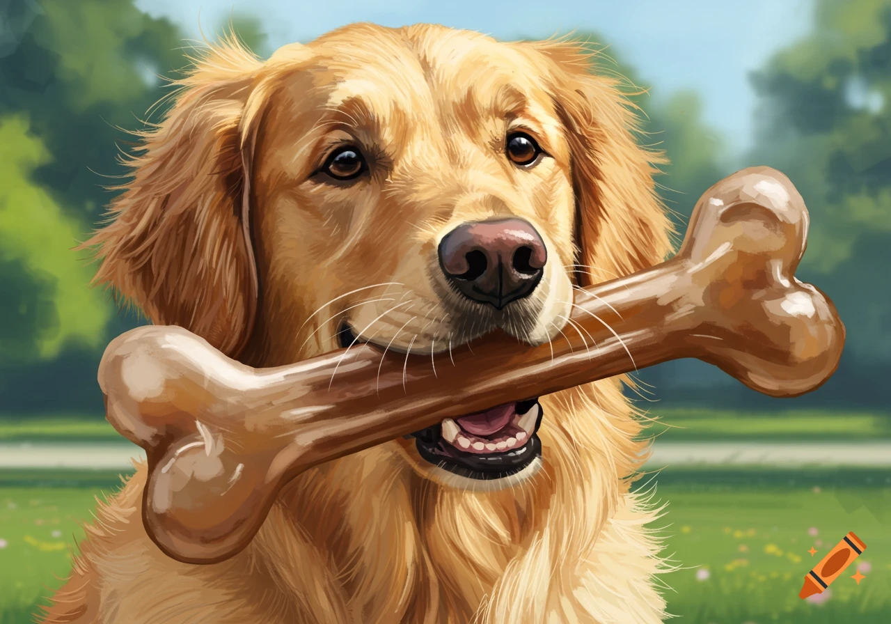 A golden retriever holding a large bone in its mouth.
