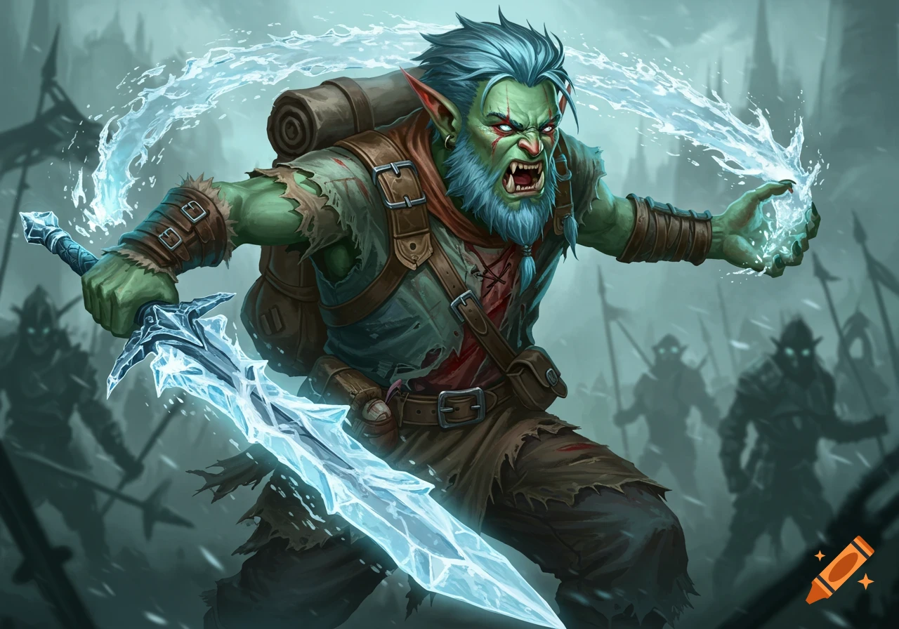 A half-orc warrior with an icy sword and magic in battle.