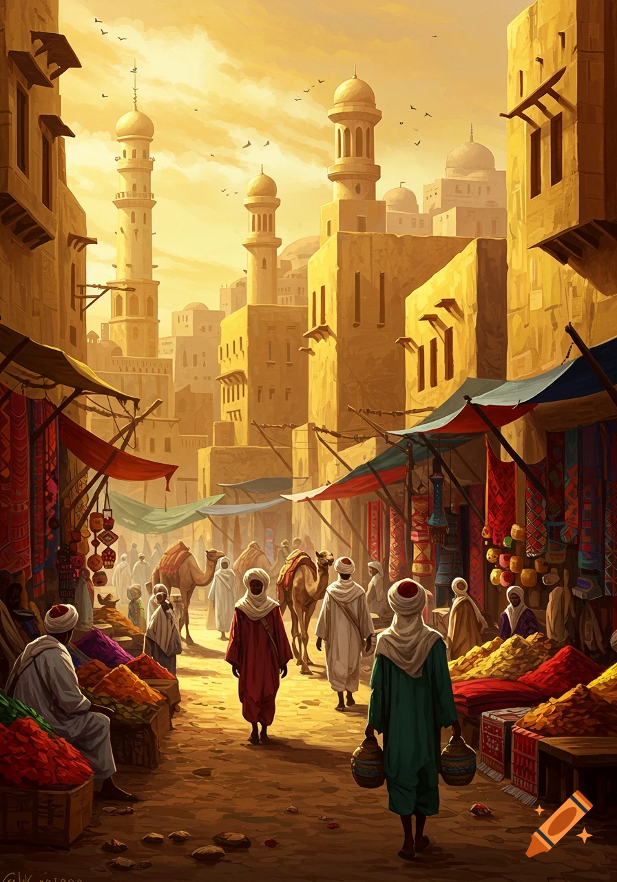 A bustling marketplace in a sun-drenched city with minarets and camels.