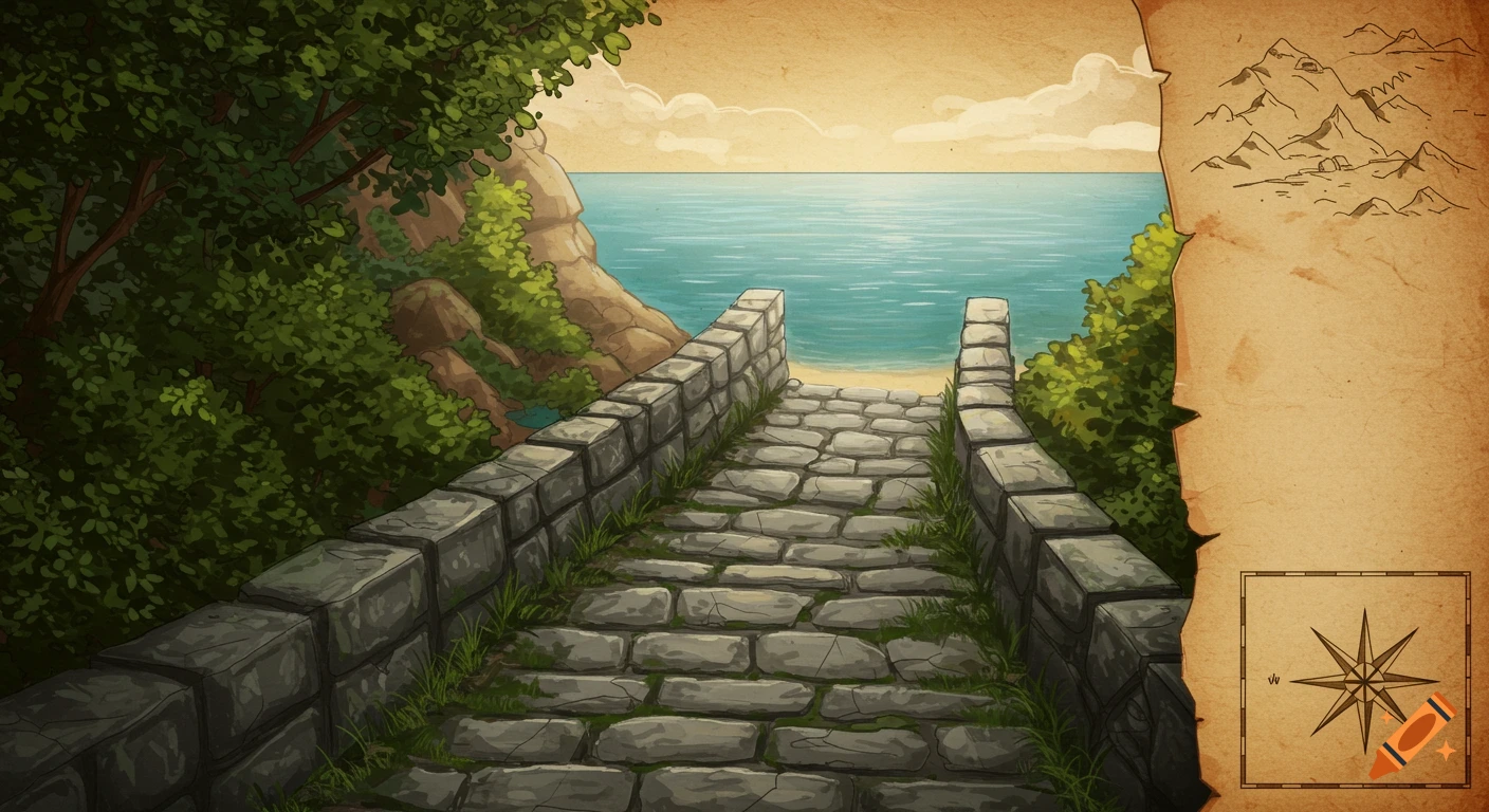 A stone walkway leads to the sea, with a map and compass rose on the right.