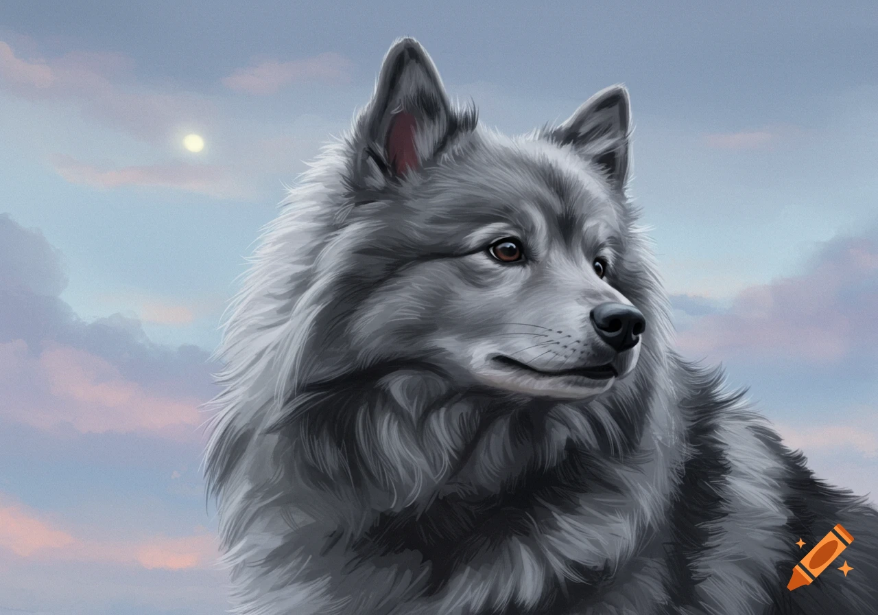 A grey dog looking right against a cloudy sky with a moon.