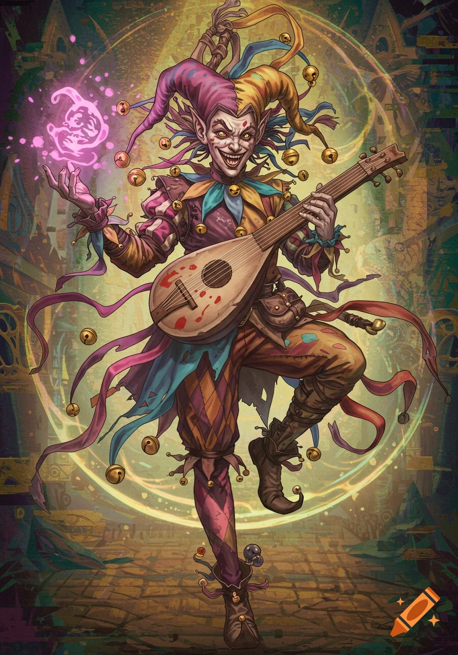 An illustration of a chaotic jester playing a lute and holding a glowing orb.