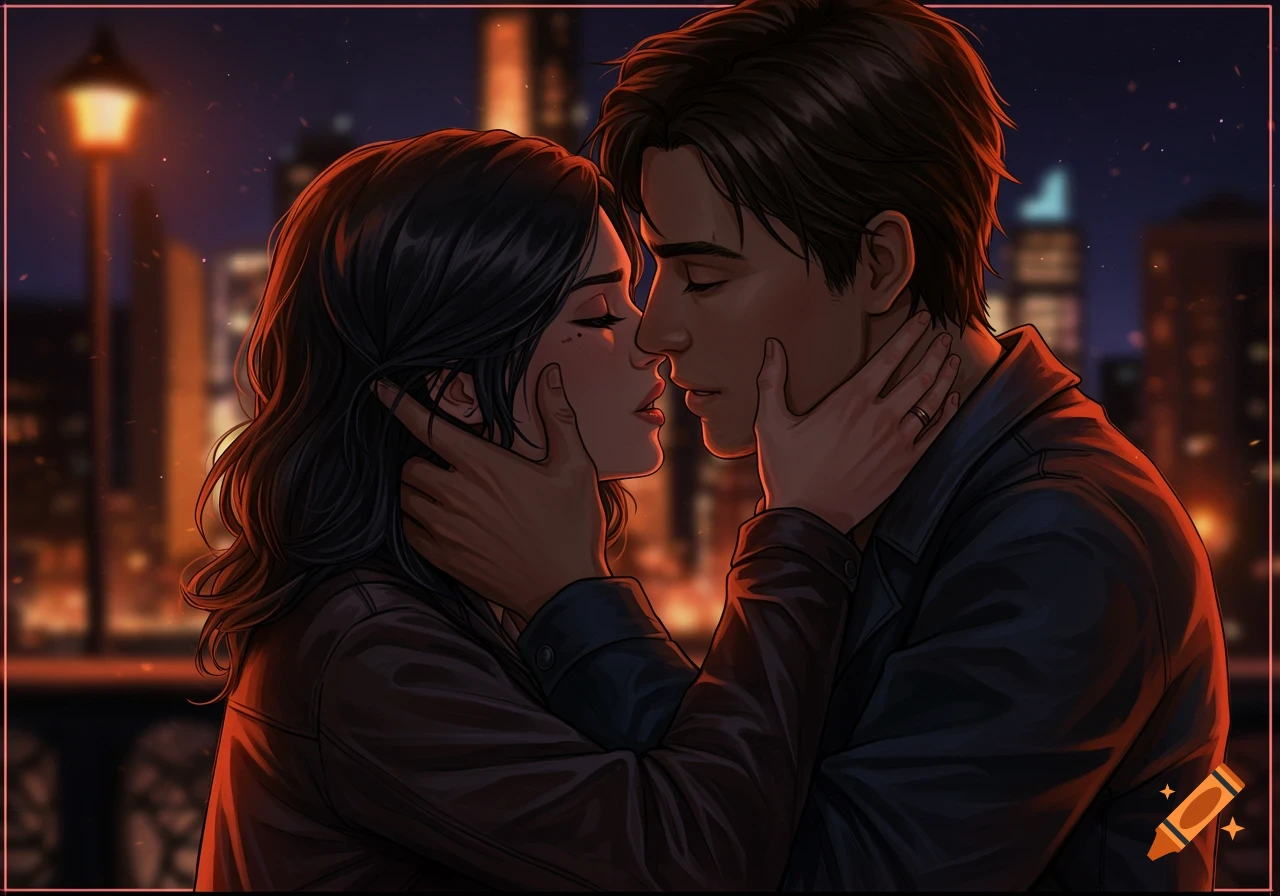 Illustrated image of a couple kissing passionately in a city at night.