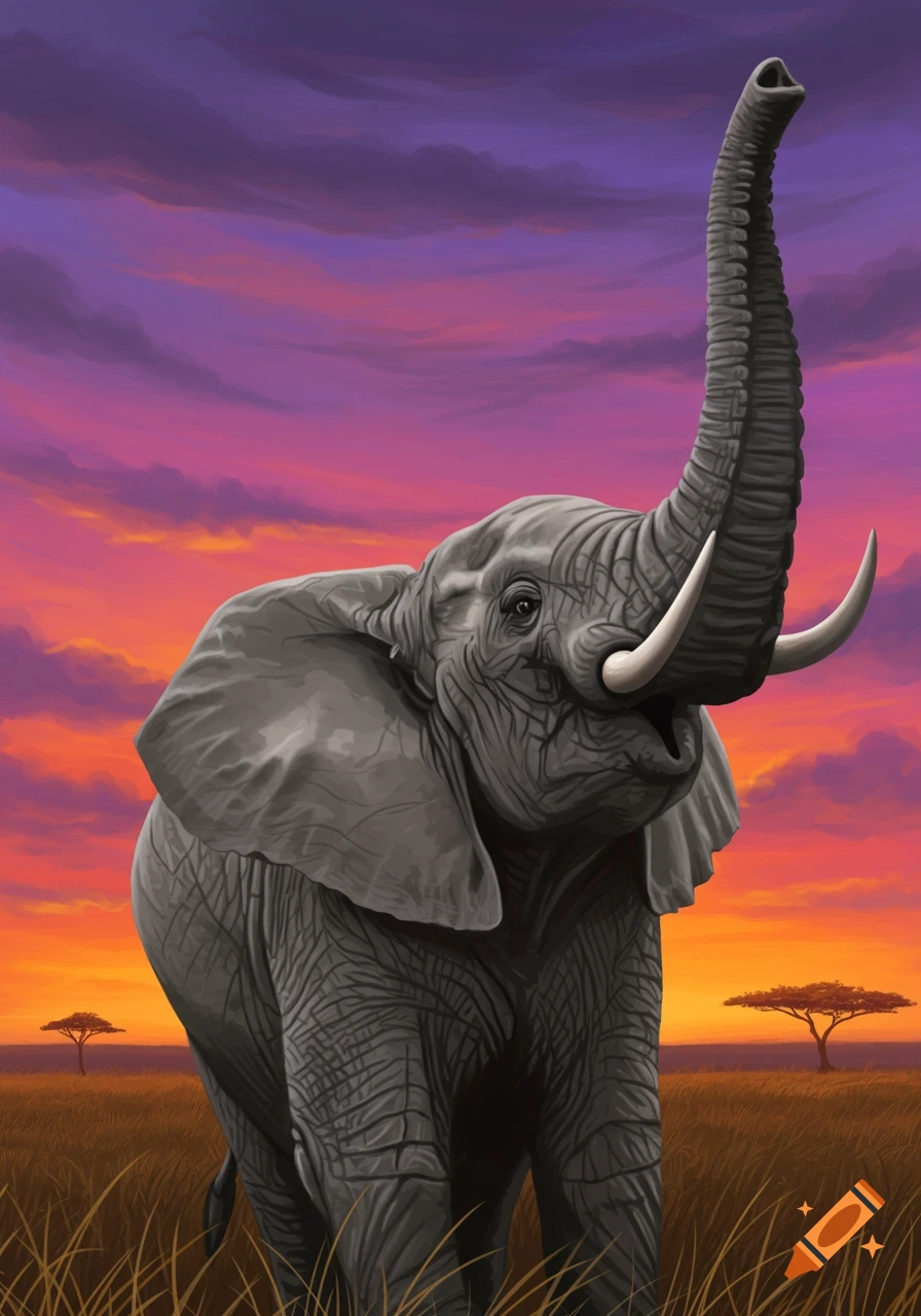 An elephant with its trunk raised against a dramatic sunset in a savanna.