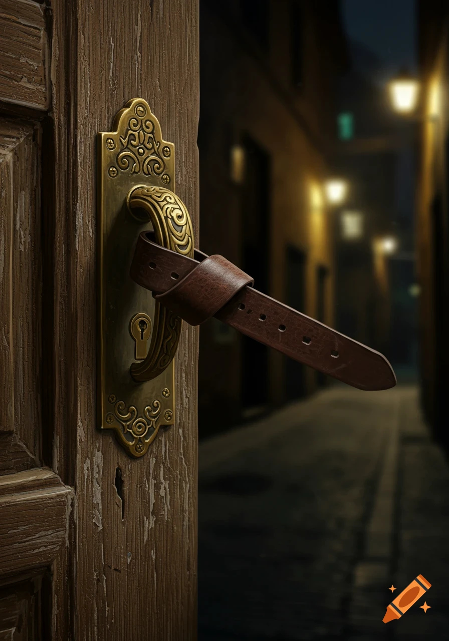 Open wooden door with a belt wrapped around the brass handle, looking out onto a blurry, lamp-lit street at night.