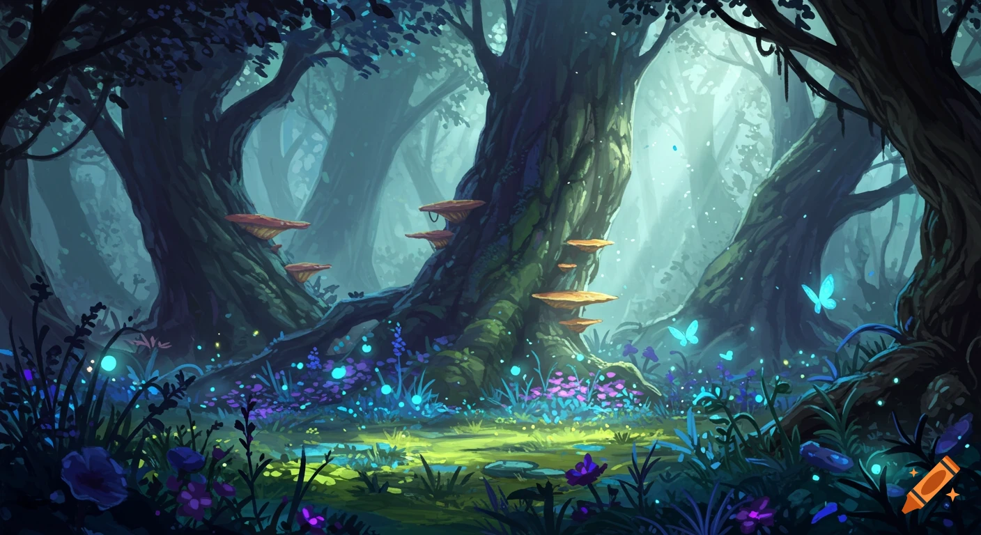 An enchanted forest with glowing mushrooms, purple flowers, blue butterflies, and magical lights.