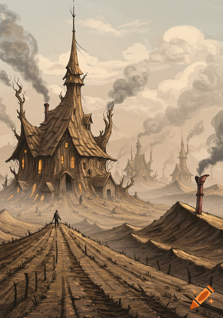 A lone figure walks on a path through a desolate, ash-filled landscape towards strange, smoke-emitting buildings. Stylized illustration.