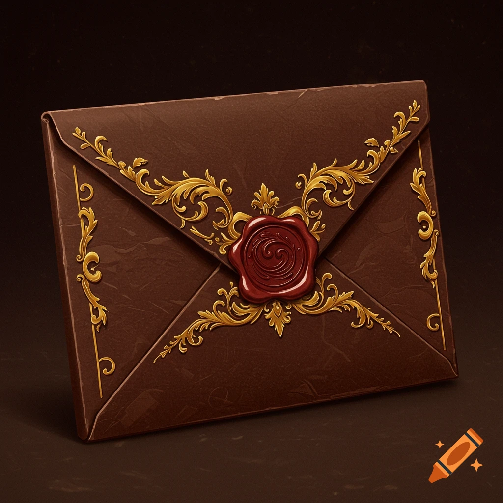 A fancy brown envelope with gold decoration and a red wax seal.