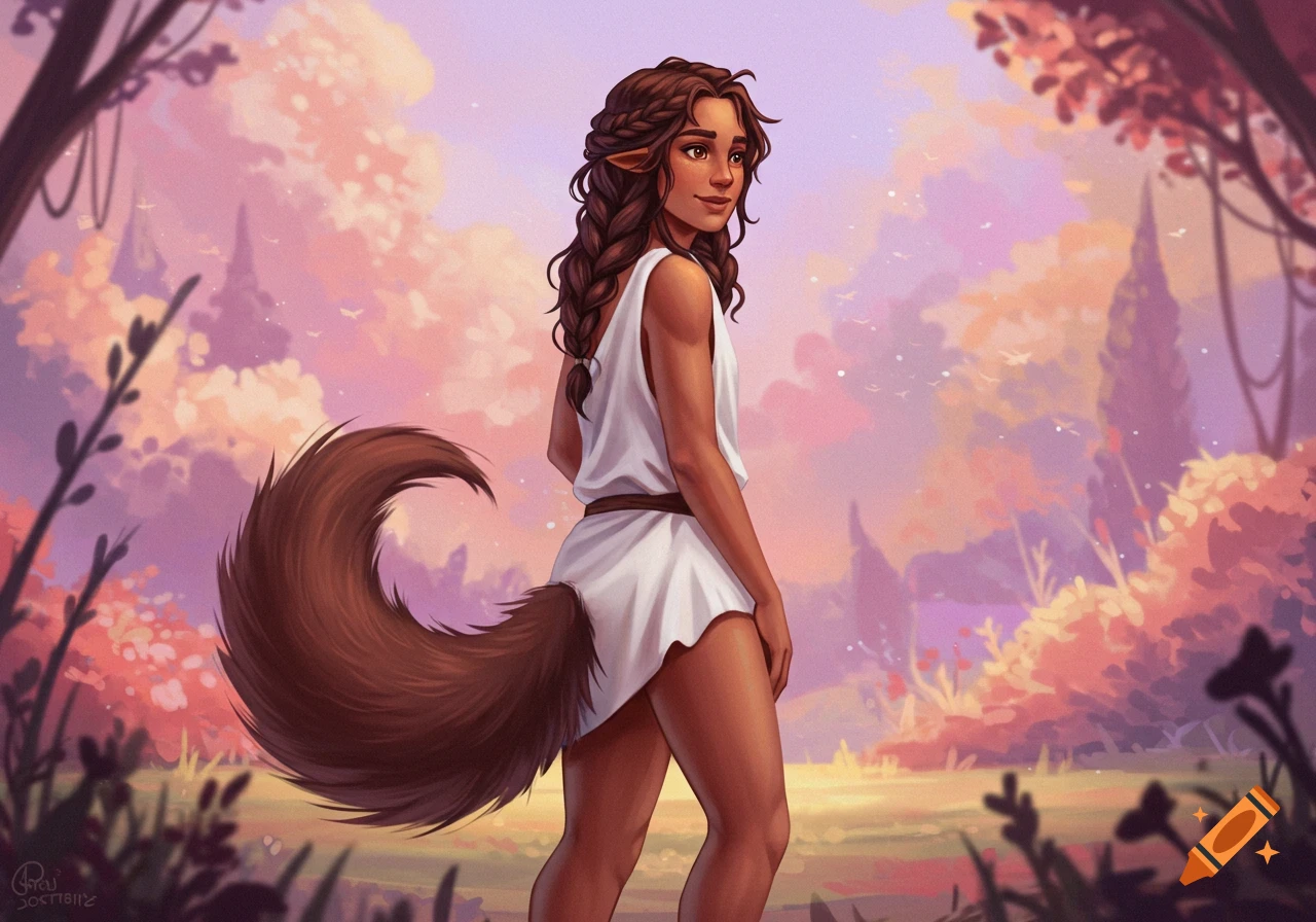 A person with a dog tail stands in a fantasy landscape at sunset.