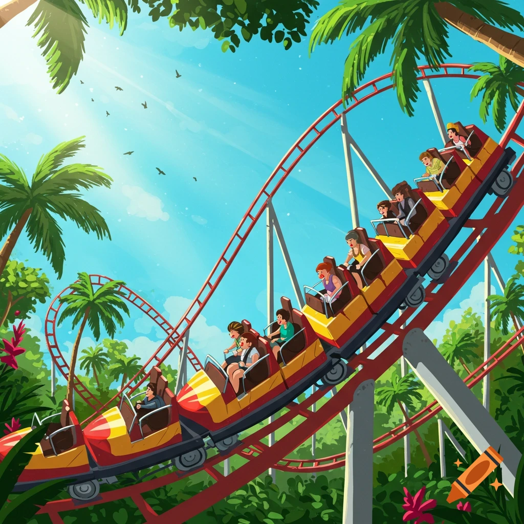 Illustration of a rollercoaster with riders in a tropical amusement park
