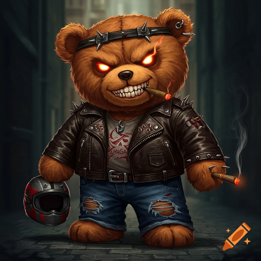 A tough teddy bear in a leather jacket and spiked headband, holding a cigar and helmet