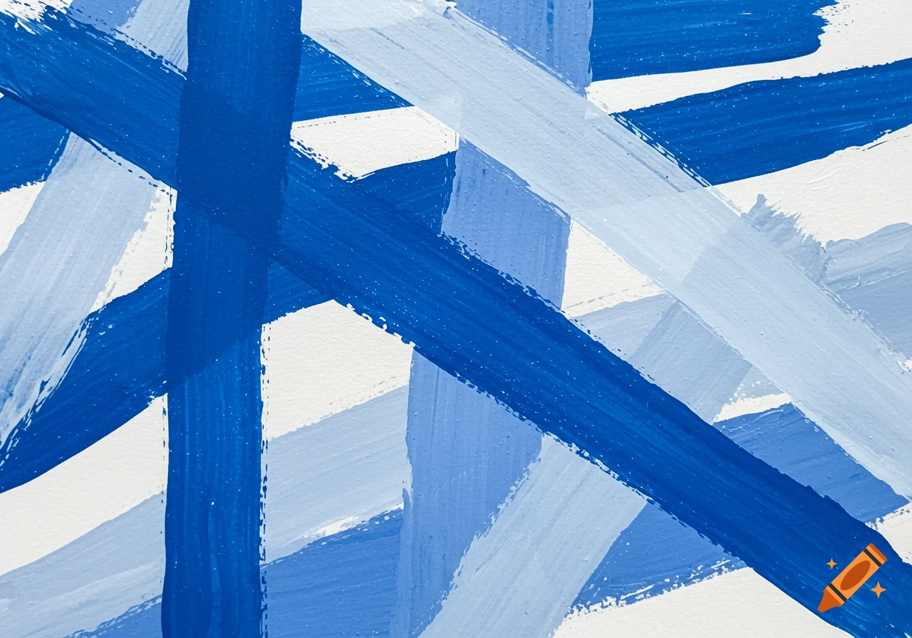 An abstract painting with broad blue and white brushstrokes intersecting.