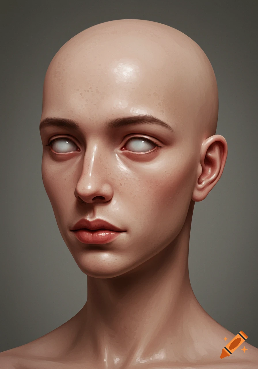 A bald person with large white eyes, evoking the uncanny valley effect