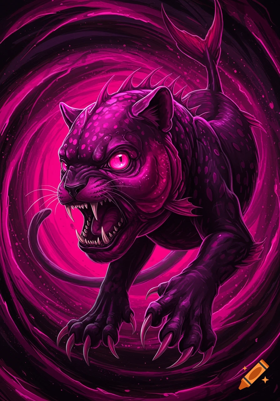Stylized image of a fierce pink and purple creature with teeth and fins