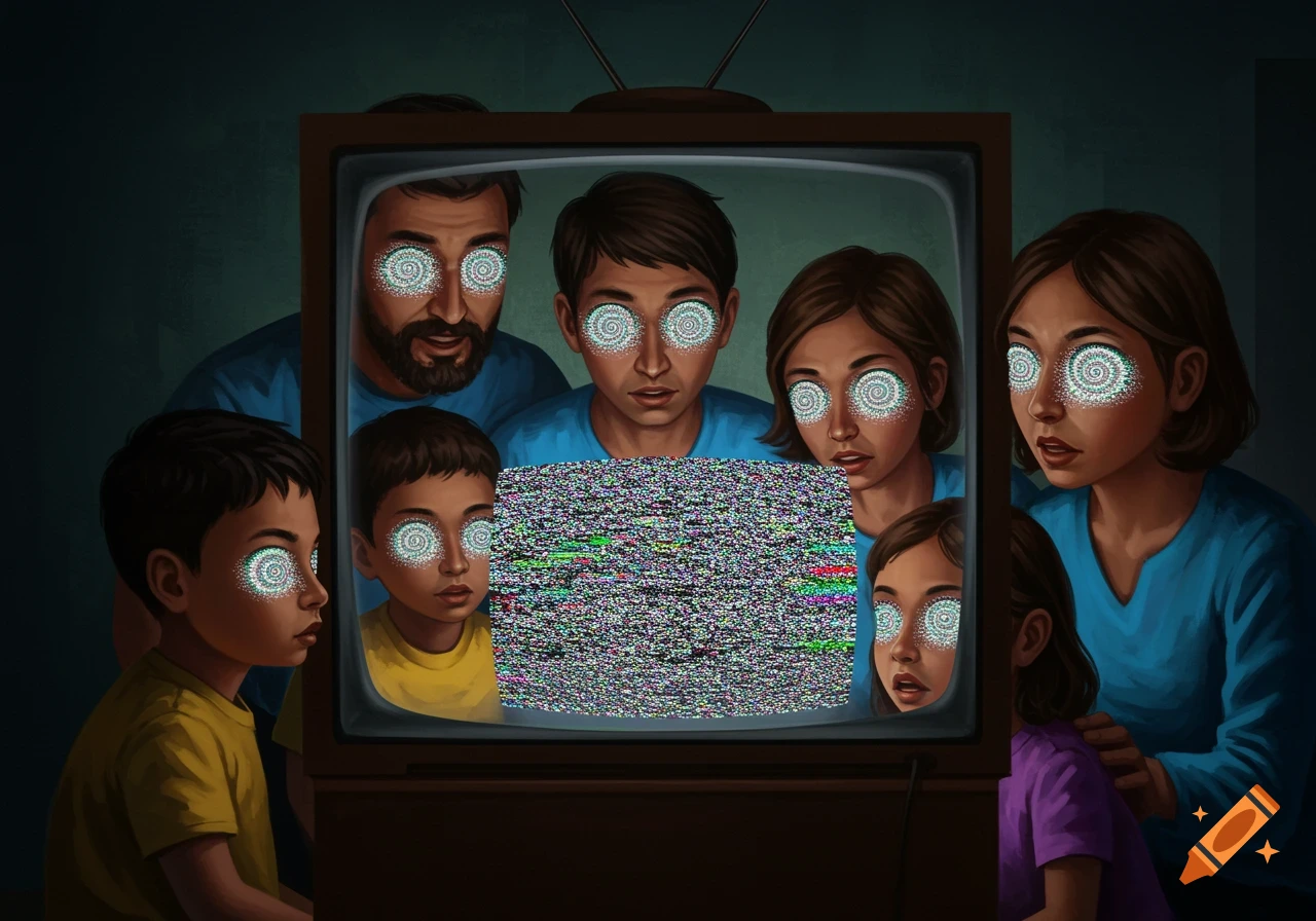 A family with glowing spiral eyes watches static on a vintage television.