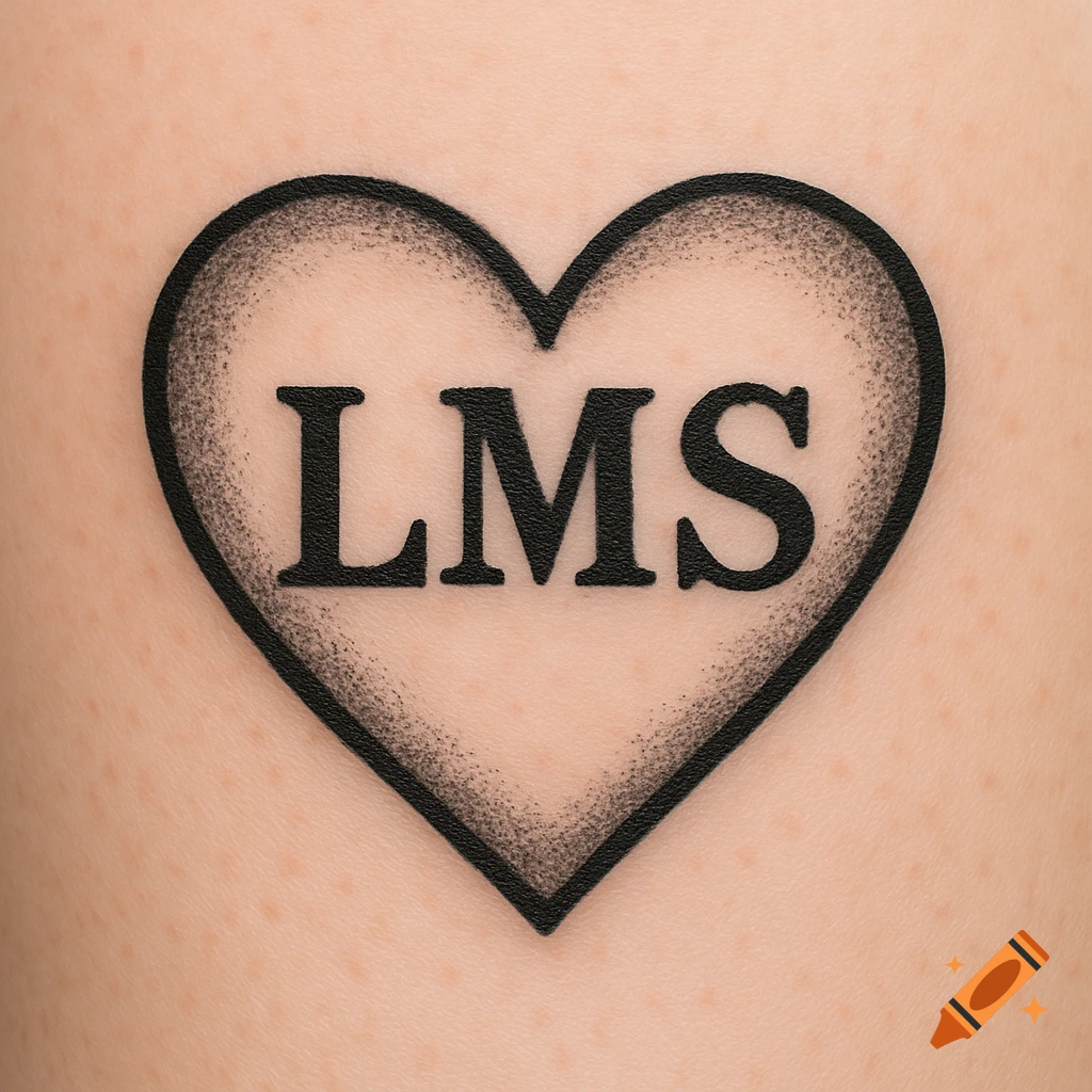 A black heart tattoo with the letters LMS inside on skin