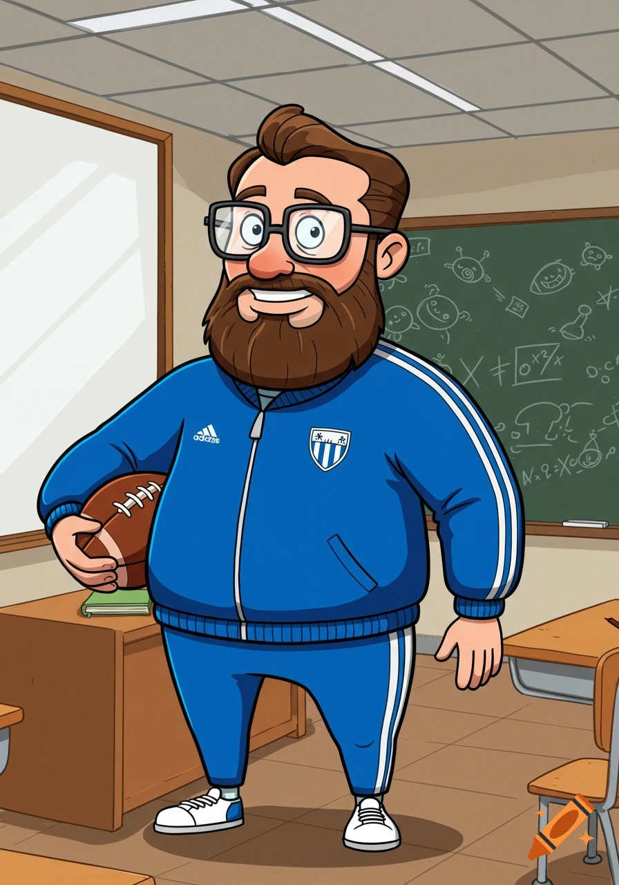 A cartoon teacher with a beard and glasses in a blue tracksuit holds a football in a classroom.