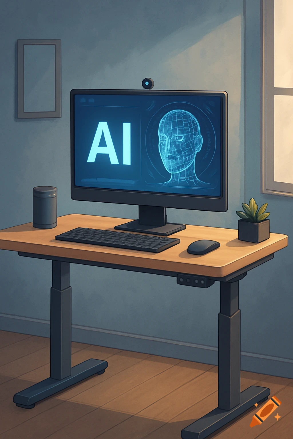 A computer desk with a monitor displaying 'AI' and a wireframe head.