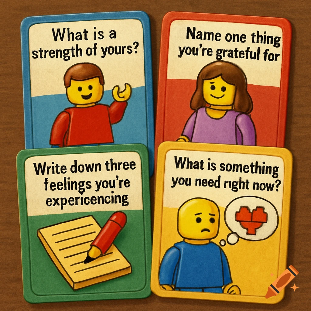 Four LEGO-themed game cards with mental health prompts and illustrations.