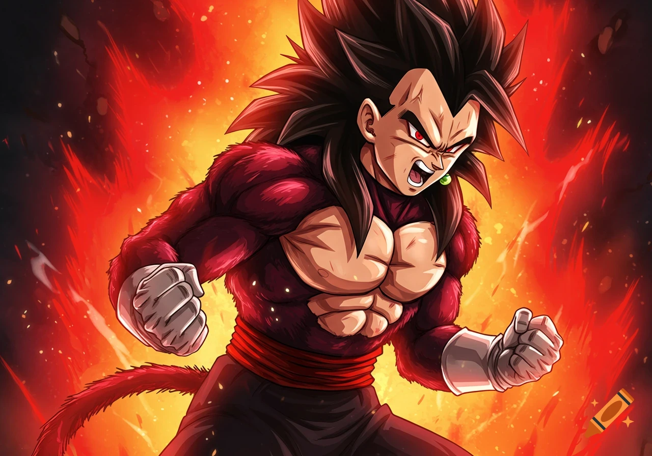 An anime character similar to Vegeta in Super Saiyan 4 form powers up amidst a red aura.