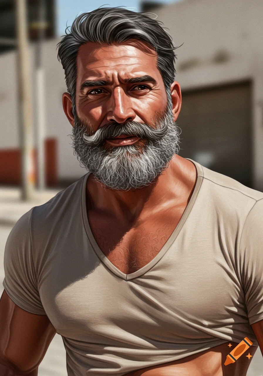 A stylized image of a man with a grey beard and mustache wearing a V-neck shirt.