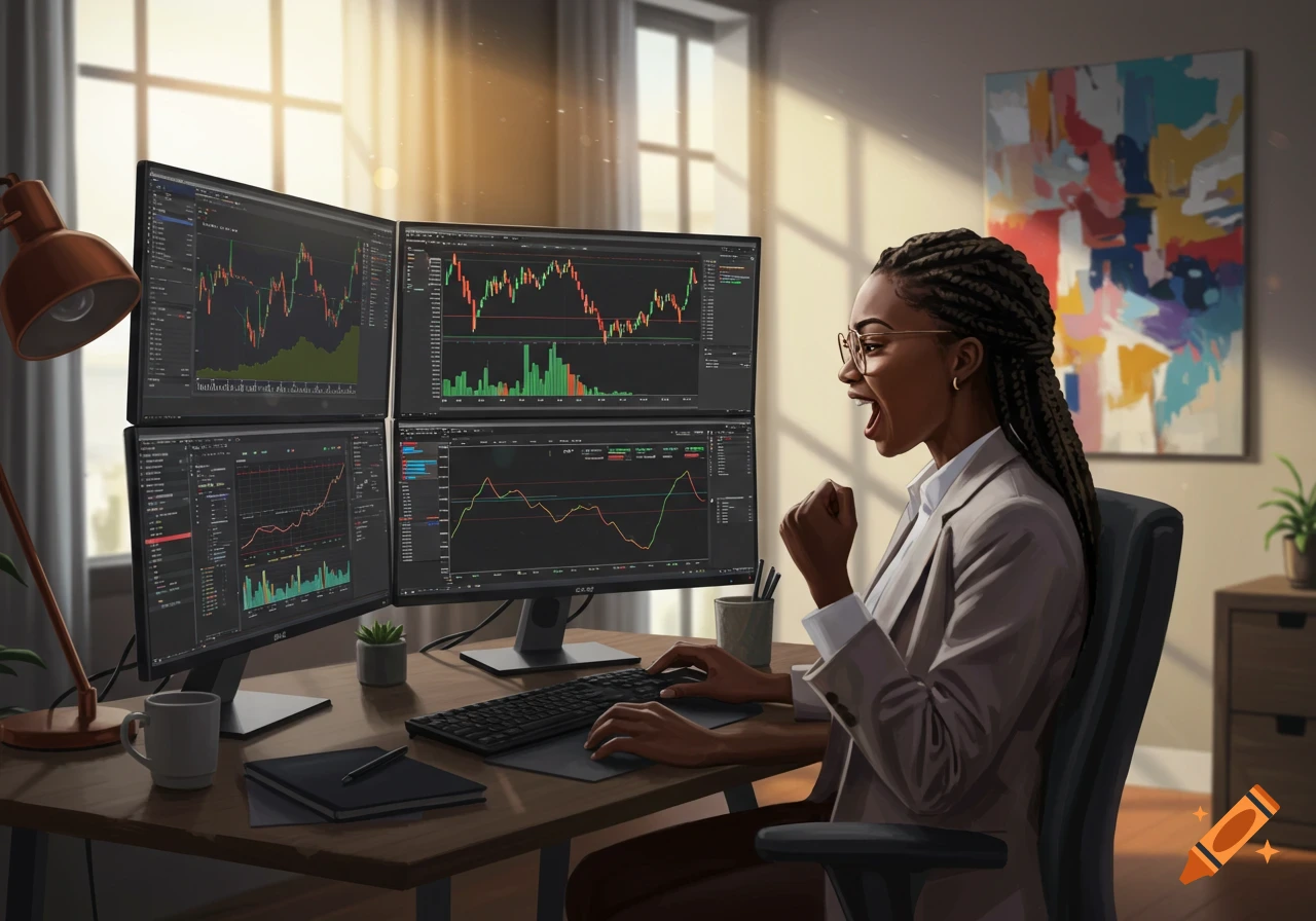 A Black woman day trader excitedly watching charts on multiple computer monitors.