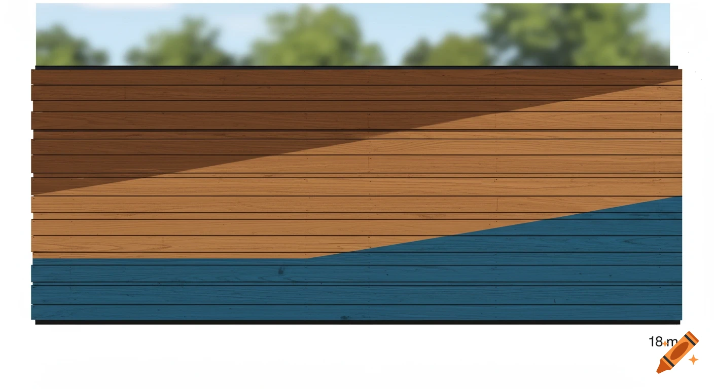 A horizontally planked wall, half brown and half blue, with a diagonal shadow and the text '18 m'.