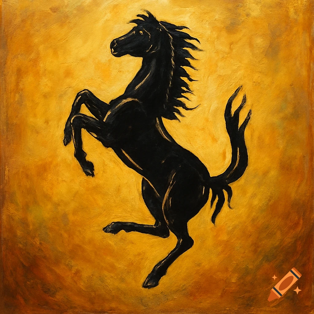 A black prancing horse on a gold background.