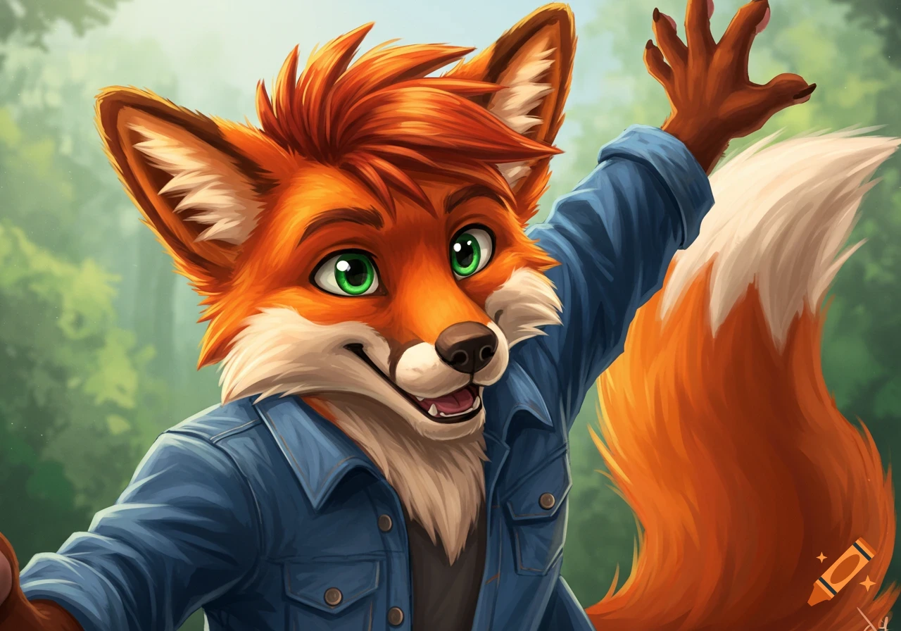 A friendly fox furry in a denim jacket, waving