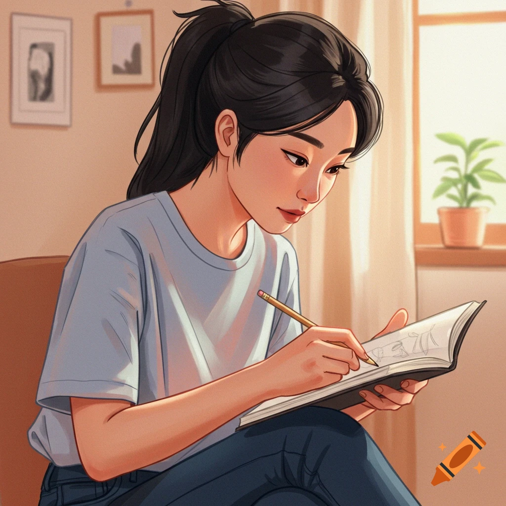 A person drawing in a notebook while sitting.