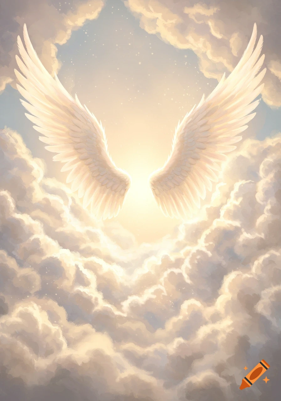 Bright white angel wings emerging from sunlit clouds.