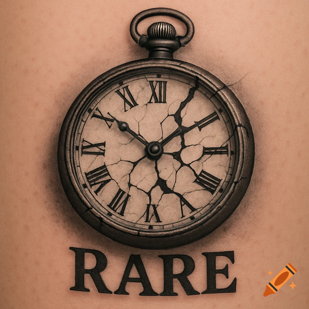 Realistic tattoo of a broken pocket watch above the word RARE on skin.