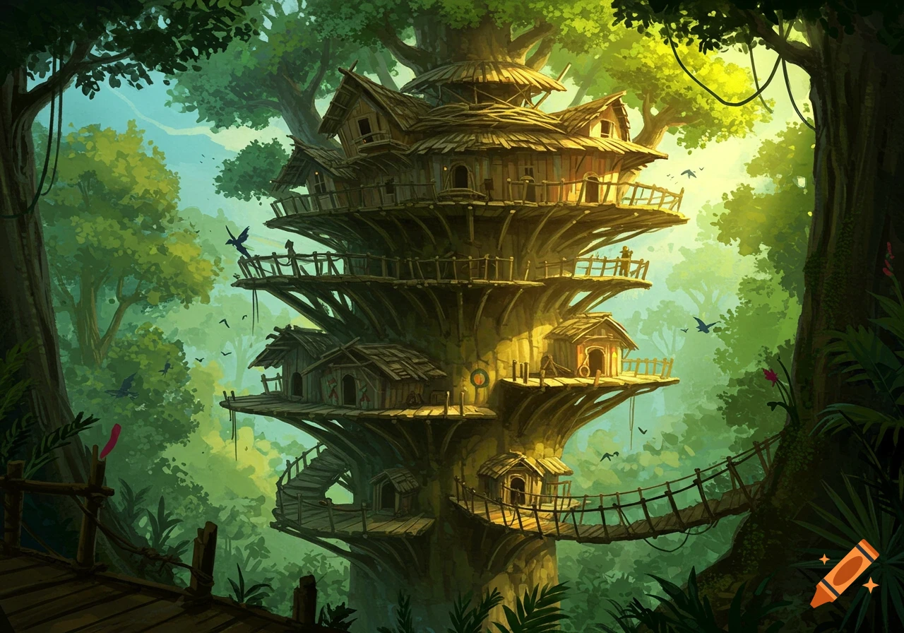 A large, multi-level treehouse structure built into a giant tree in a lush rainforest setting.