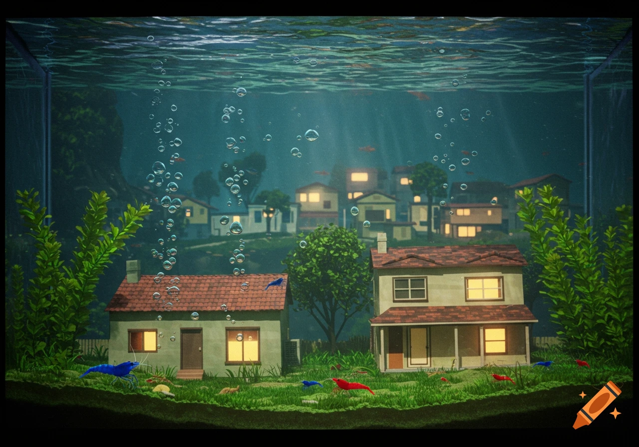 Miniature houses and shrimp in a fish tank, like an underwater town.