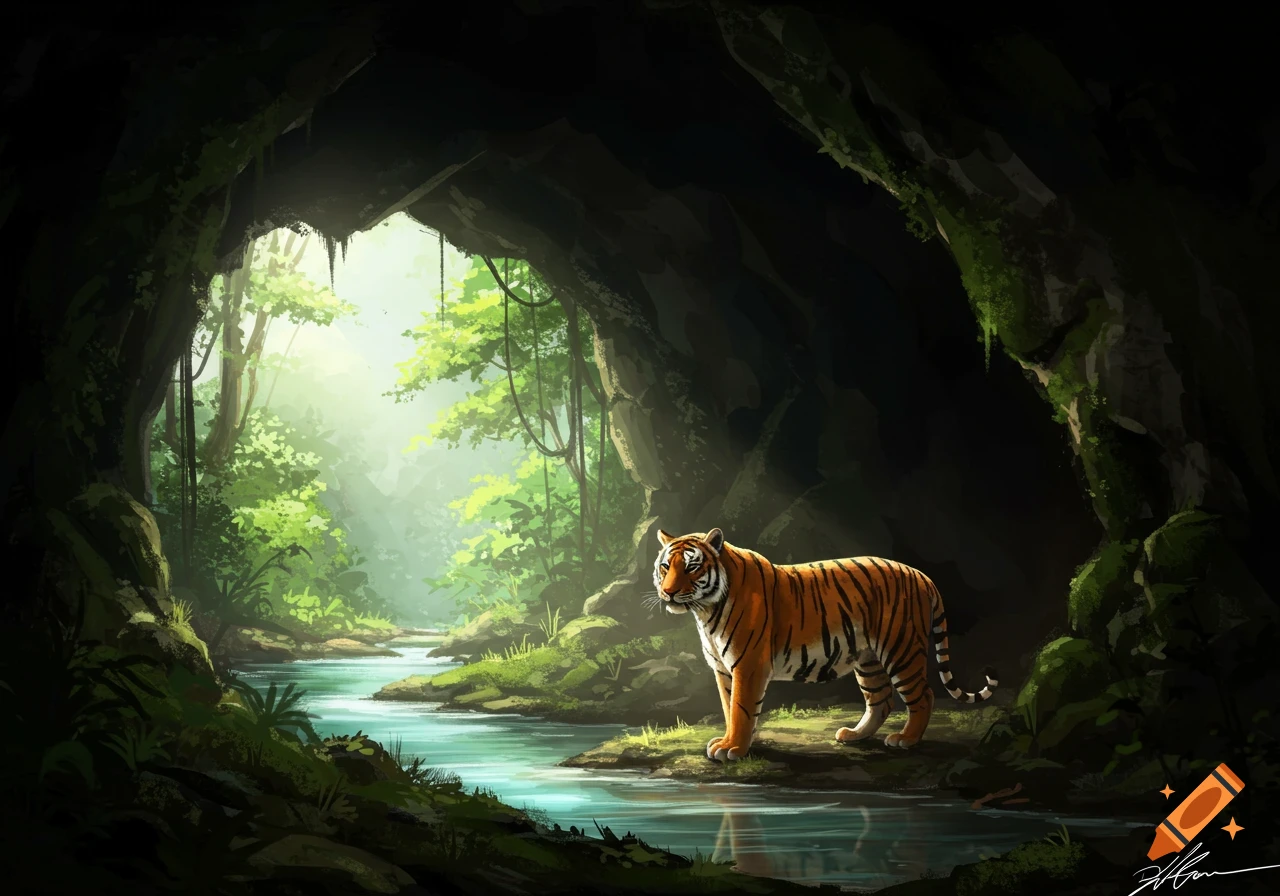 A tiger stands by a river inside a cave entrance with jungle foliage outside.