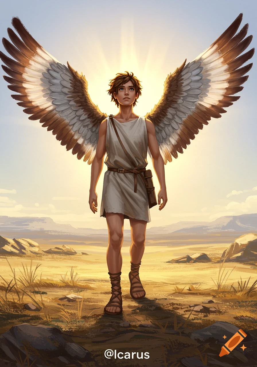 A majestic angel with large wings stands among clouds with light rays ...